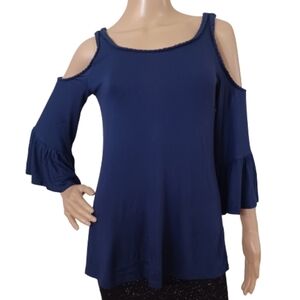 SPENSE PETITE Navy Blue Cold Shoulder Bell Sleeve Blouse Braided Hemline Top